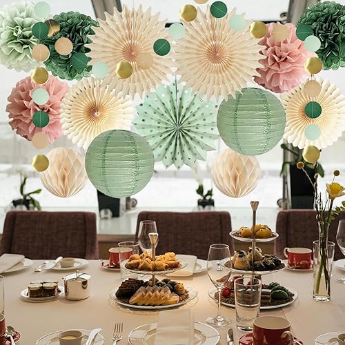 Décorations de fête vert sauge et rose poudré - Pompons en papier - Lanternes en papier à pois ronds à suspendre pour femmes et filles - Pour anniversaire, fête prénatale, mariage, fête prénuptiale - Nail Gallerys