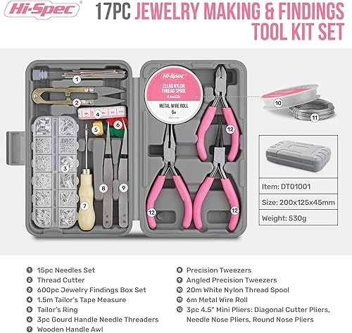 Kit d'outils de fabrication de bijoux Hi-Spec 17 pièces & ensemble de 600 accessoires et trouvailles. Pinces & fils pour bracelets, colliers, boucles d'oreilles et charms faits main - Nail Gallerys