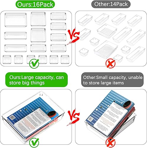 Yosemy 16 pièces Organisateur Tiroir Bureau,Transparent Organisateur de Tiroir avec 100 Pieds Adhésifs Caoutchouc Plateaux de Rangement pour Papeterie, Bijoux, Cosmétiques(5 Tailles) - Nail Gallerys