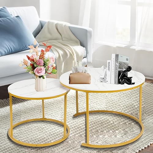 OHMG Lot de 2 Tables Basses gigognes,Table Basse Ronde,Empilable,Design Industriel,Table Basse de Salon,Pieds en métal,Tables de d'appoint,70/50CM Effet marbre (Noir+blanc-70 * 70 * 45cm) - Nail Gallerys
