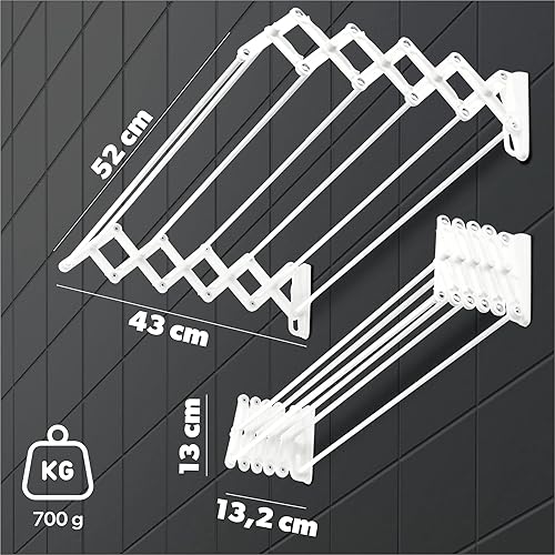 KADAX Séchoir à linge mural, 50 cm, pour montage mural, extensible, peu encombrant, pour serviettes, corde de séchage pliable avec 6 échelons - Nail Gallerys