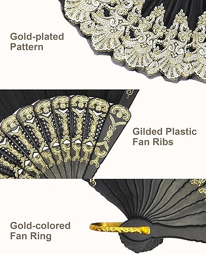 Éventails Pliants, Eventail Mariage, Éventail Tissu, Eventail Chinois, Éventails à Main avec Imprimé Doré pour Fêtes D'été, Cosplay, Spectacles de Danse, Décorations de Mariage (Noir) - Nail Gallerys