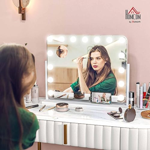 HOMCOM Miroir Maquillage Hollywood Lumineux, Miroir Coiffeuse avec 14 LED dimmables, Glossissant 10X et Charge USB, Support de téléphone, Rotation à 360° - 63 x 50 cm - Nail Gallerys