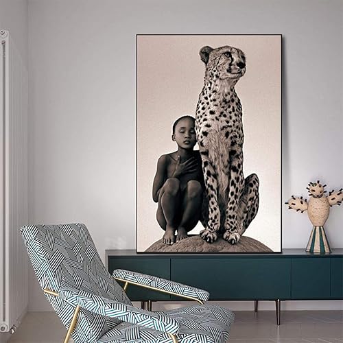 Garçon et un guépard toile peintures affiches et impressions d'animaux africains pour chambre décor à la maison mur Art photo 50x70cm sans cadre - Nail Gallerys