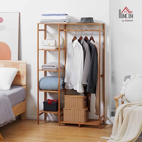 HOMCOM Portant à vêtements en bambou, porte-manteau, penderie vêtement avec étagère de rangement à 6 niveaux et tringle de suspension, pour entrée, chambre, 90 x 30 x 145 cm, bois naturel - Nail Gallerys