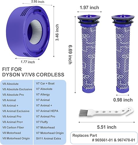 Lot de 4 filtres de rechange pour aspirateur sans fil V7, V8 Animal et V8 Absolute, 2 pré-filtres, 2 post-filtres, remplace la pièce # 965661-01 et 967478-01 - Nail Gallerys