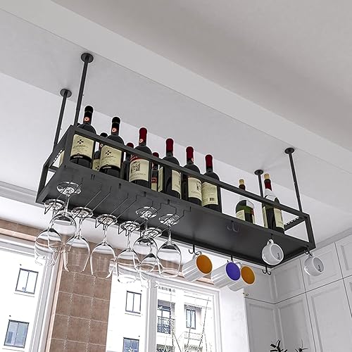 FBITE Meuble de Bar Suspendu au Plafond Porte-Bouteilles de Vin Mural au Plafond, Porte-Verre à Vin à Hauteur Réglable à Suspendre Art en Fer pour Bars Cuisines Décoration Étagère de Rangement, No - Nail Gallerys