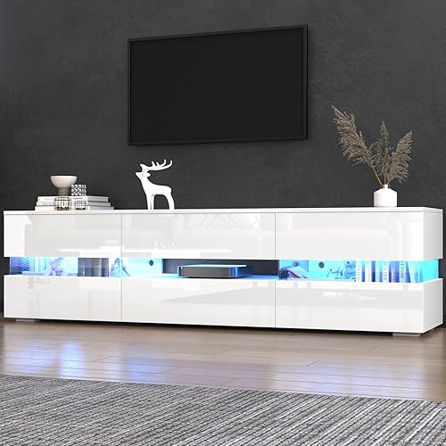 Meuble TV Avec Éclairage Led, 2 Portes, 1 Tiroir, Compartiment Ouvert, Adapté Aux Téléviseurs De 70 Pouces - Avec Insert En Verre Acrylique Et Ouverture Par Pression, Meubles Tv Brillants, Blanc, 160x - Nail Gallerys