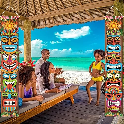 Bannière hawaïenne Tiki Luau Party avec Totems tribaux Feuilles de palmier tropicales | Décoration murale pour fenêtre et jardin - Nail Gallerys