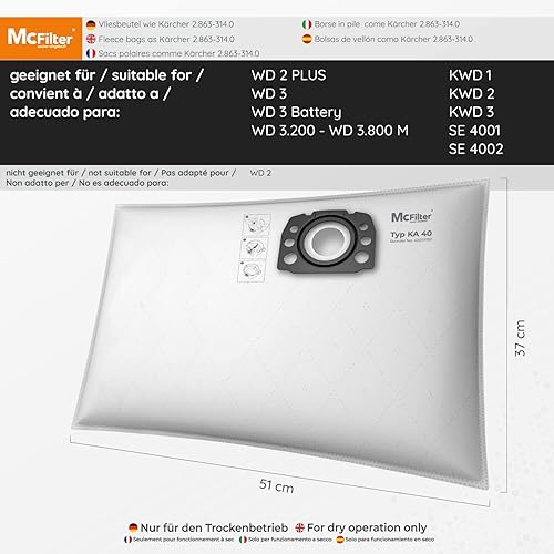 McFilter | 20 sacs à poussière compatibles avec Kärcher WD2 WD3 KWD1 KWD2 KWD3 WD3.200 - WD3.800 WD 3 V-17/4/20 M/SE4001/SE4002, convient comme KFI 357 2.863-314.0 Sacs à poussière en non-tissé - Nail Gallerys