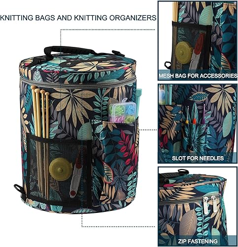 Coopay Sac de Rangement pour Fil de Laine,Organisateur de Sac Fourre-Tout en Fil 33cm x 28cm, Sac de Voyage en Laine à Tricoter pour Accessoires Crochet et Aiguilles, Forêt Bleue - Nail Gallerys