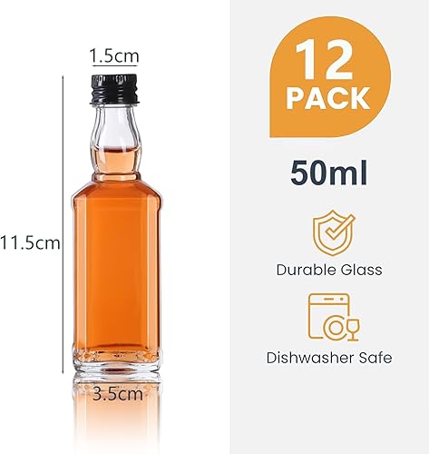 YBCPACK Lot de 12 bouteilles à shot vides en verre de 50 ml - Mini bouteilles à liqueur avec couvercle, entonnoir, parfaites pour le gingembre, le lait de poule, la tequila, les digestifs, le whisky - Nail Gallerys