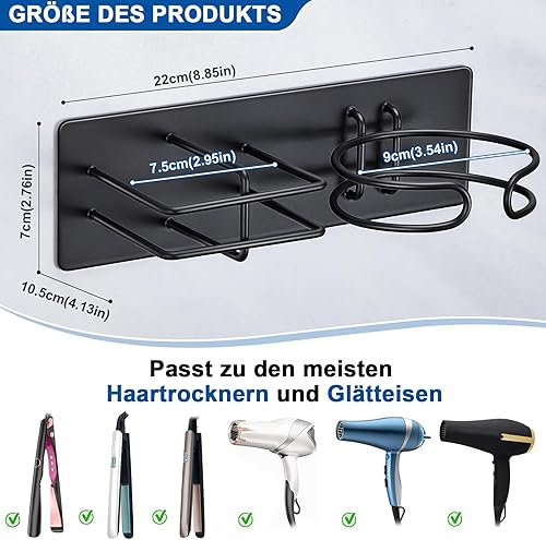 XILIMEN Support Seche Cheveux, Porte Seche Cheveux et Lisseur, Acier Inoxydable Porte Seche Cheveux Mural, Auto-adhésif Support Seche Cheveux sans Percage, Convient pour Salle De Bain, Noir - Nail Gallerys