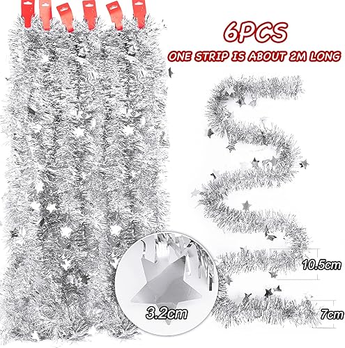 BETESSIN 6pcs*2m Guirlande Tinsel, Couronnes et guirlandes de Noël pour Décoration de Fête d'arbre de Noël Ornement de Fête de Mariage d'anniversaire - Argenté - Nail Gallerys