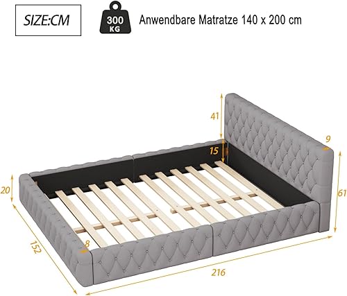 KOMHTOM Lit en Velours avec sommier à Lattes Lit Double avec tête de lit, lit Moderne capitonné Gris Sommier 140x200(Matelas Non Inclus) (Gris) - Nail Gallerys