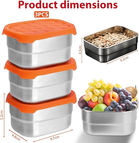 Lot de 3 boîtes à collation en acier inoxydable de 230 ml avec couvercle en silicone, petits récipients à épices en acier inoxydable, anti-fuite, pour enfants, sauces et épices - Nail Gallerys