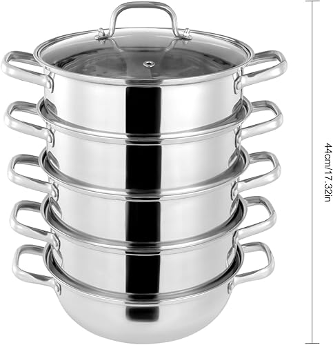 Mantowarka Cuiseur vapeur en acier inoxydable 304 5 couches avec couvercle en verre intégré 5 couches (argenté, 30 cm) - Nail Gallerys