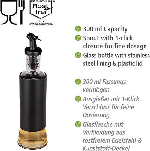 WENKO Distributeur huile & vinaigre Boga, 300 ml, bec avec fermeture à 1 pression, dosage précis, bouteille en verre, habillage acier inoxydable & bouchon plastique, Ø 6 x 25 cm, transparent/noir - Nail Gallerys