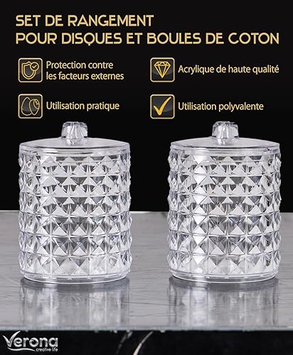 Verona Creative Life Distributeur de Coton Diamant (Lot de 2) - Idéal pour Cotons-Tiges et Boules de Coton Bocaux en Cristal Transparent avec Couvercles - Nail Gallerys