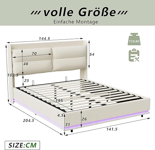 fortuna Lai Lit Coffre 160x200 cm avec sommier, Lit capitonné avec Rangement, Port USB de Type C, Lumière LED, lit Double avec sommier à Lattes (160x200 cm) - Nail Gallerys