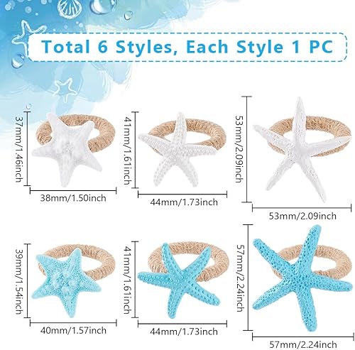AHANDMAKER Lot de 6 ronds de serviette en forme d'étoile de mer - 6 styles - Pour travaux manuels, plage, mariage, fête à thème, banquet - Blanc et bleu - Nail Gallerys