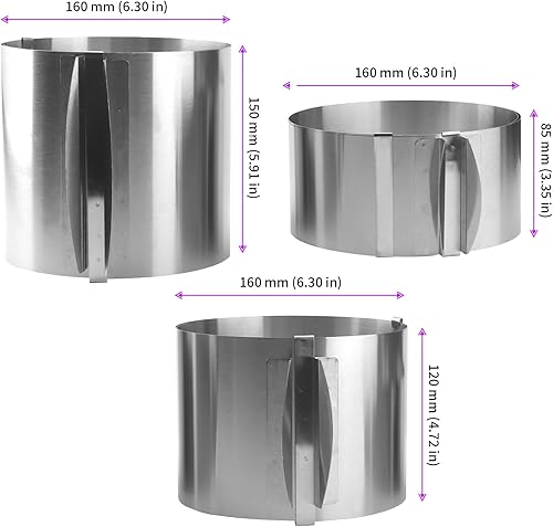 MUNGHOK Lot de 3 Cercles à gâteau en Acier Inoxydable réglables en Hauteur - 16 à 30 cm - avec échelle - 8,5 cm, 12 cm, 15 cm de Haut - Cercle à Patisserie reglable - Anneau de Cuisson Rond - Nail Gallerys