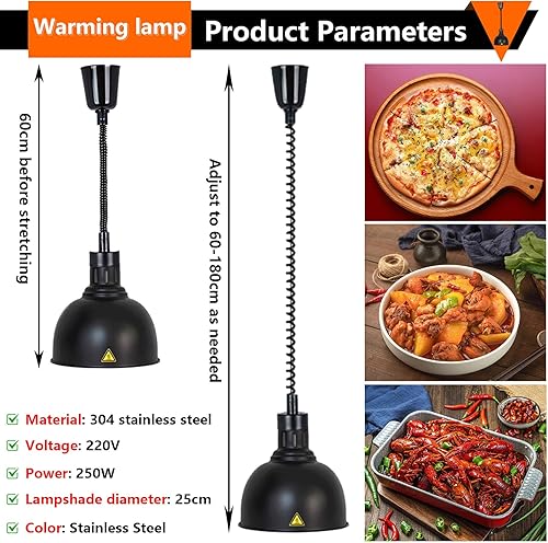Lampe Chauffante de Cuisine Professionnelle, 250W Lampe Chauffe Plat Buffet Suspendue, Lampe de Chauffante Commercial pour Hôtels, Buffets et Pizza, Hauteur Réglable 60-180cm - Nail Gallerys