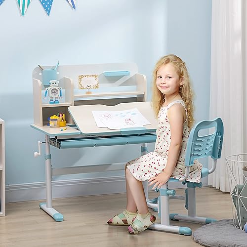 Homcom Bureau et chaise pour enfant de plus de 3 ans avec bureau réglable en hauteur avec plateau de table inclinable, tiroir et étagère à livres 80 x 52 x 88-109 cm et 35,5 x 44,5 x 66-80 cm, bleu - Nail Gallerys