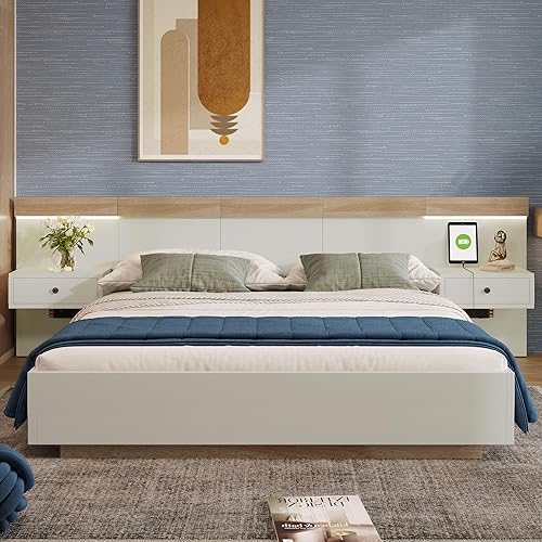 ZYLOYAL10 Lit double avec prise USB C en bois avec kit complet en chêne (140 x 200 cm, avec table de chevet, blanc Sonoma, sans matelas) - Nail Gallerys