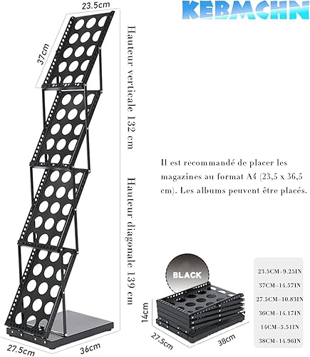KEBMCHN Présentoir à catalogue de brochures A4, Porte-Brochures sur Pied 4 Niveaux, Support de magazine, portable, en métal, noir, design perforé avec sac, support pliable pour magazines Blanc - Nail Gallerys
