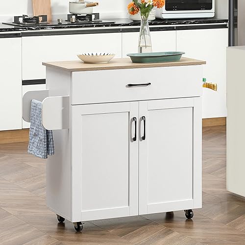 HOMCOM Dessert îlot de Cuisine Multi-rangements 1 tiroirs 1 Placard 2 Portes avec étagère réglable Porte-torchons et Porte-épices - MDF Blanc - Nail Gallerys