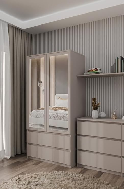 BDW Armoire avec miroir, 90 x 180 x 50 cm, 2 tiroirs, 4 étagères, idéale pour une chambre à coucher, un couloir, une chambre d'enfant ou un bureau - Portant à vêtements, porte-manteau - Nail Gallerys