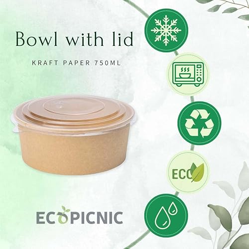 ECOPICNIC Lot de 300 saladiers en PP avec Couvercle, 750 ML | Barquettes Alimentaires jetables pour salades, Repas à emporter, Contenant écologique pour Poke Bowls, Plats Chauds ou froids - Nail Gallerys
