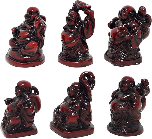 6 petites figurines Bouddha Rieur Feng Shui en palissandre + Gratuit Rouge Bracelet cordon C1024 - Nail Gallerys