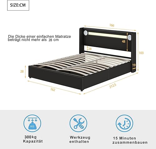 PUGSDRLY Lit Coffre 90x200cm avec Rangement,Lit 1 Place avec Lumineuse LED,Lecteur Bluetooth et Port USB,Lit Adulte avec Sommier à Lattes,Lit Adolescent et Enfant,Cadre de Lit,Blanc - Nail Gallerys