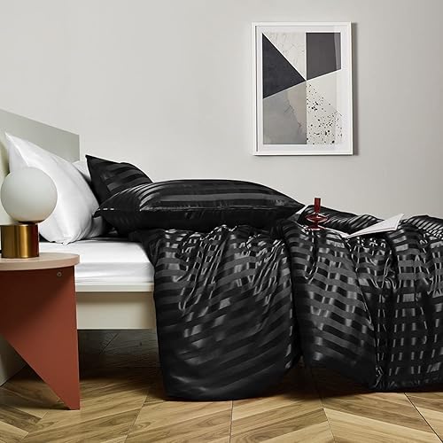 Sedefen Housse de Couette Satin Rouge 140x200cm + 1 Taie d'oreiller 65x65cm avec Fermeture Éclair Soyeux Parure de Lit 1 Personne Satin Rayé Lisse Luxe literie - Nail Gallerys