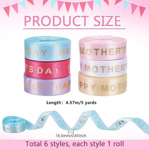 PH PandaHall 6 Rouleaux Rubans Fête des Mères Ruban Maman de Gros Grain Polyester 16.5mm Ruban Décoratif avec Mots Estampés Dorés pour Emballage Cadeau Bouquet de Fleurs Décoration de Fête 27 m - Nail Gallerys