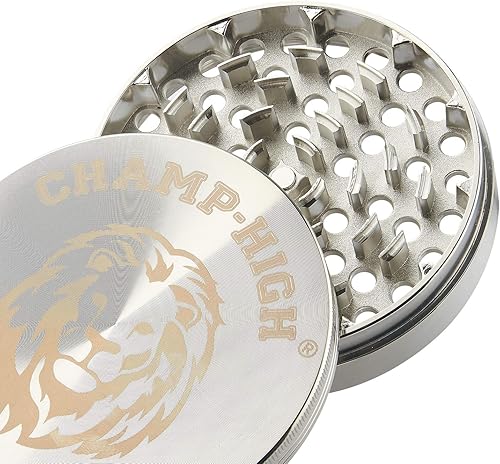 CHAMP HIGH 19682 – Maxi Grinder – Meuleuse à tabac & herbes – 4 pièces – Dents diamantées – Avec grattoir – Métal – argent - Nail Gallerys