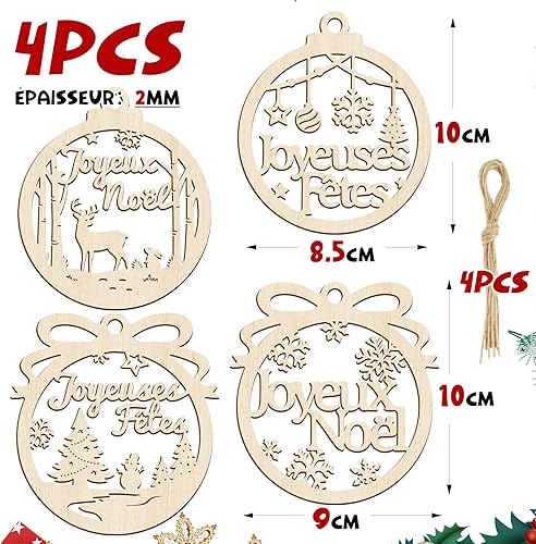 4pcs 10cm Décoration Boules de Noël en Bois Ornement Pendentifs Joyeux Noël Embellissements Tranches Joyeuses Fêtes forme Flocon de Neige Sapin Renne Scrapbooking pour Fête Noël Anniversaire Nouvel An - Nail Gallerys
