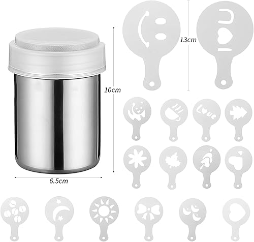 LoQuick Chocolat Tamiseur en Acier Inoxydable, Tamis de Cuisine, Farine Saupoudreuses à Mailles Fines, Tamis Patisserie Shaker Chocolat Glaçage, avec 16 Couvercles à Motifs Différents - Nail Gallerys