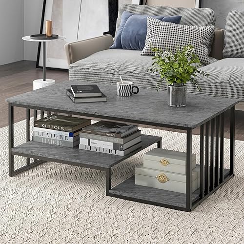 LIFEZEAL Table Basse avec Effet de Marbre, Table de Salon en Bois+Métal, Design Moderne, 110 x 60 x 45 CM, Max 90 kg, Gris - Nail Gallerys