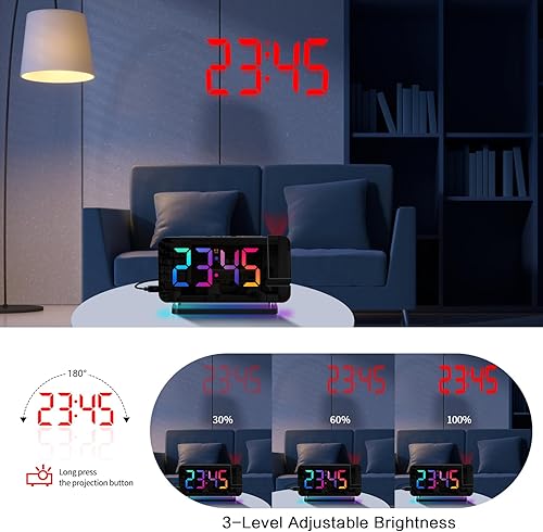 Lancoon Horloge à projection numérique avec écran LED RVB - Réveil électronique avec 7 couleurs - Lumière d'ambiance pour décoration de la maison - Prise incluse - Nail Gallerys