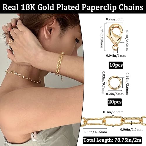 Beebeecraft Chaîne Trombone de 6.56 Pied pour la Fabrication de Bijoux Chaîne à Maillons en Laiton Plaqué Or 18 carats avec 10 fermoirs Mousquetons et 20 Anneaux de Jonction pour Collier Fournitures - Nail Gallerys