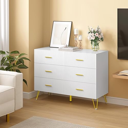WOLTU Commode Blanche 6 Tiroirs, Meuble de Rangement, avec Pieds en Métal Doré, en Bois d'Ingénierie, pour Salon, Chambre et Entrée, 100x40x75cm, KMD002ws - Nail Gallerys