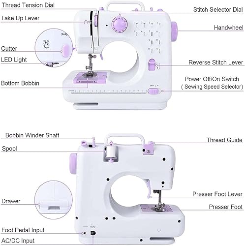 MARIG FHSM-505 Machine à coudre pour débutants avec pédale, machine à coudre domestique multifonctionnelle, enroulement automatique du fil, double fil et double vitesse, 12 points intégrés - Nail Gallerys