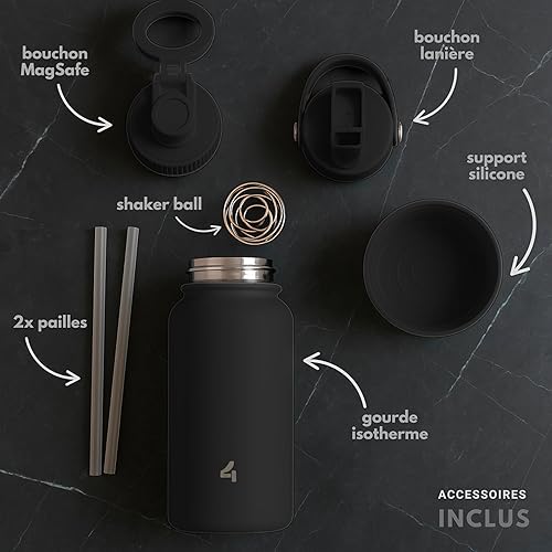 4-DISCIPLINE｜Gourde Inox Isotherme 650 ml (Noire Intense - finition mate) – Sans BPA, étanche – Support magnétique + bouchon sport avec paille – Base silicone – Idéal pour sport, bureau, voyage - Nail Gallerys