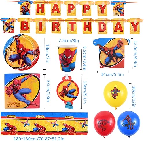 ZeYou 54 pièces Spiderman Anniversary Decoration, Spiderman Anniversary Party Vaisselle Set y Compris Spiderman Décoration Ballons, Bannières, Assiettes, Tasses, Serviettes, Blowouts et Nappes - Nail Gallerys