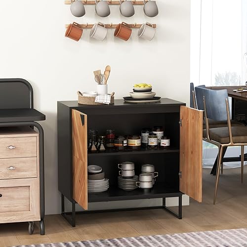 COSTWAY Buffet Bas, Armoire Commode avec 2 Portes Bois en Placage de Sapin, Etagère, Pieds en Métal, 2 Compartiments, Moderne, Meuble Cuisine Rangement pour Salon, Salle à Manger, Entrée (Noir) - Nail Gallerys