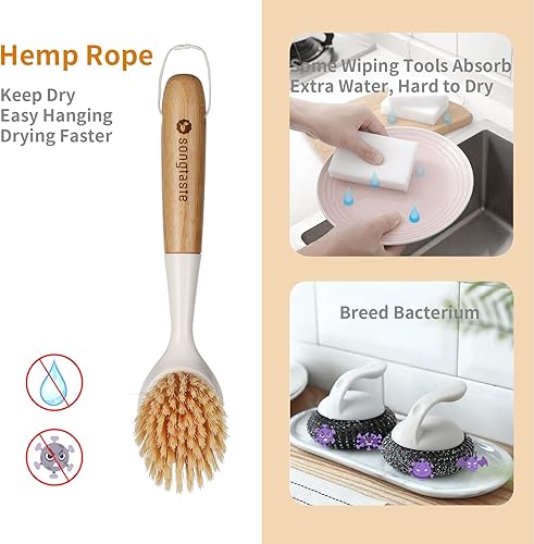 Lot de 2 brosses à Vaisselle de Cuisine avec Manche en Bambou - Grattoir intégré - Brosse à récurer pour poêles, casseroles, éviers de Cuisine, Vaisselle et Nettoyage Parfaits - Blanc - Nail Gallerys