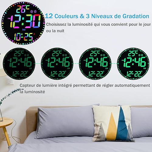VABOO Horloge Murale numérique de 29,5 cm, Horloge Radio pilotée avec lumière RGB colorée, avec Date/Jour/luminosité Automatique/température/humiditétemp/minuterie/2 alarmes - Nail Gallerys